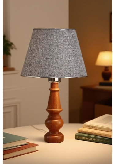 Ahşap Gövdeli Kumaş Başlıklı Dekoratif Abajur Masa Lambası Aydınlatma Lamba Gri