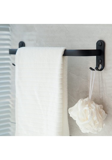 16" Banyo Tek Havlu Çubuğu İle Kancalar Paslanmaz Çelik Mat Siyah Banyo Havlu Rafı Duvara Monte Havlu Rafı Mutfak Duş Tuvalet Toz Geçirmez Banyo Aksesuarları Siyah