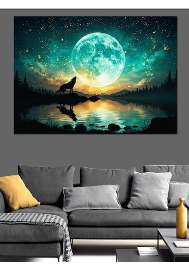 Dolunay Manzarasında Uluyan Kurt Dekoratif Kanvas - Mdf Ahşap Tablo