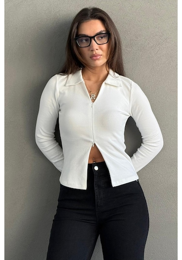 Beyaz Polo Yaka Çift Fermuarlı Slim Fit Kadın Body Mg2652 Beyaz
