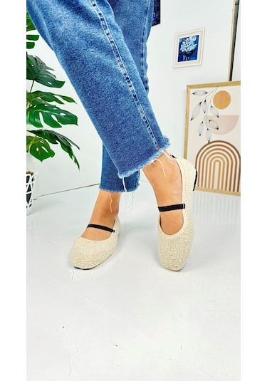 Günlük Kadın Babet Peluş Lastikli Oval Burunlu Alçak Topuklu Tırtıklı Tabanlı Ayakkabı 369 Bej