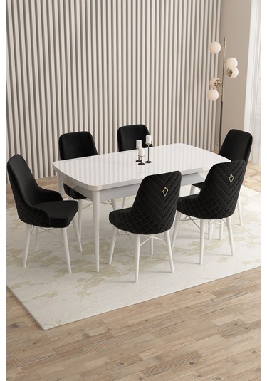 Mazaka Beyaz 80x132 Açılabilir Mdf Masa Yemek Odası Takımı, Mutfak Takımı 6 Adet Sandalye Siyah