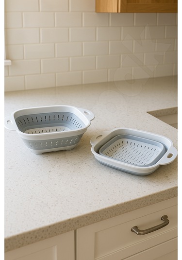 Yer Kaplamaz Katlanır Kare Süzgeç - Katlanabilir Kare Yıkama Süzgeci - Akordiyon Pirinç Süzgeci Beyaz - Gri