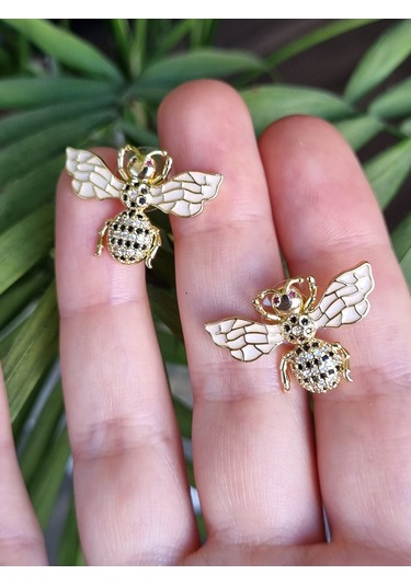 Vıp Çelik Zirkon Taşlı Arı Küpe Altın - Beyaz