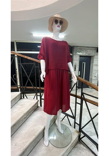 İtalyan Müslin Keteni Üstü File Bluzlu Astarlı Tek Parça Elbise-9256 Bordo