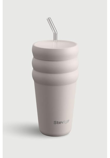 Stevig 3 Bubble Two-cap Straw Tumbler Çelik Termos 600 Ml Crushed Rock St-244 Bej