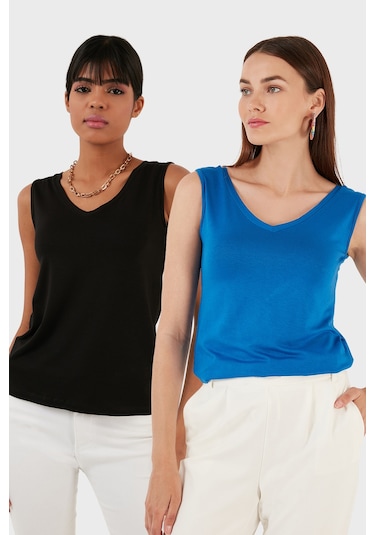 Lela Slim Fit V Yaka Kalın Askılı 2' Li Paket Bayan Bluz 5864384S2 Siyah-Saks