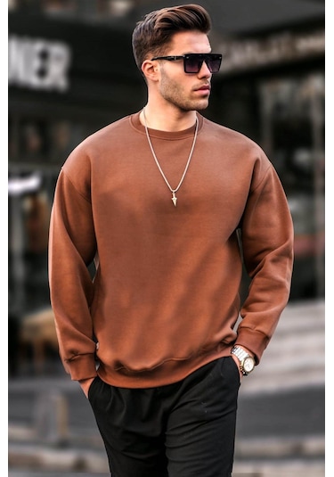 Madmext Kahverengi Bisiklet Yaka Oversize Şardonlu Basic Erkek Sweatshirt 6048-kahverengi Kahverengi
