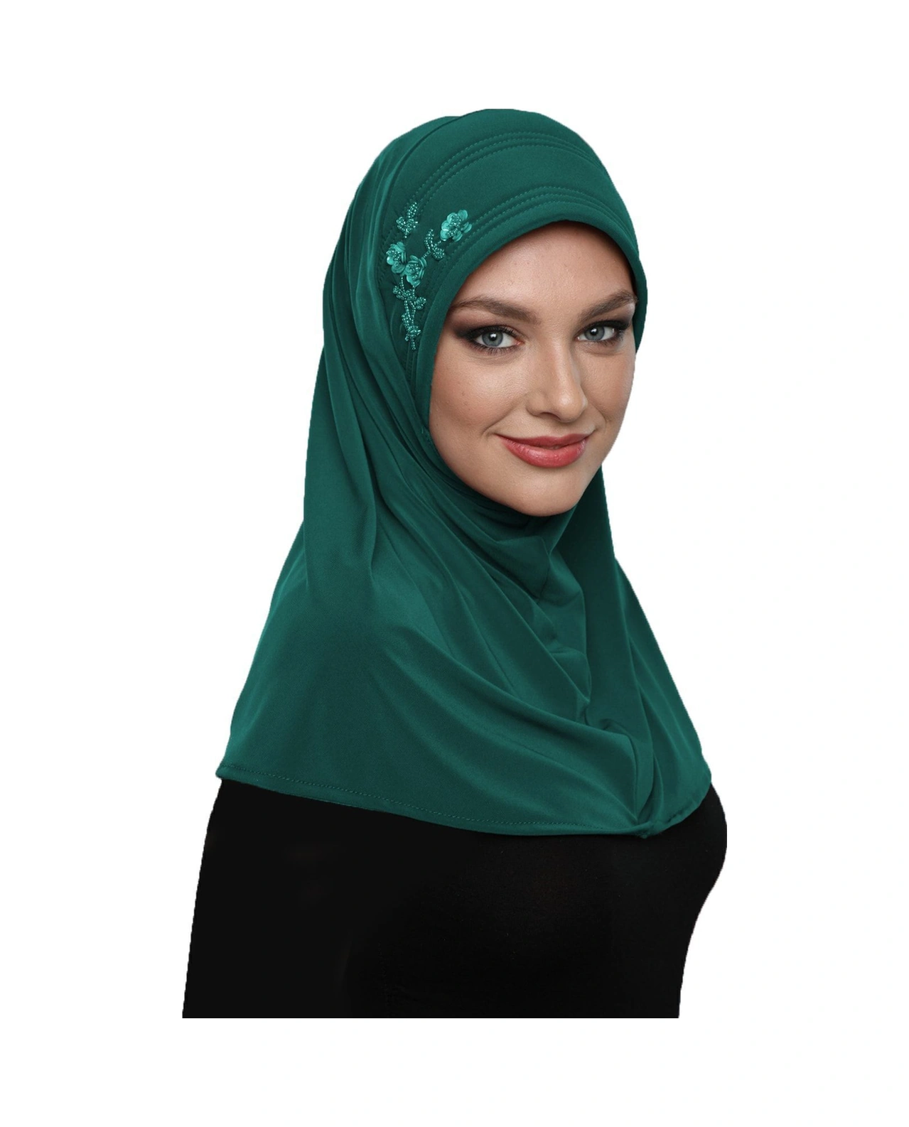 Takmatik Taşlı El Işi Boncuk Işlemeli Yeşil Hazır Türban Tesettür Bone Namaz Örtüsü Hürrem