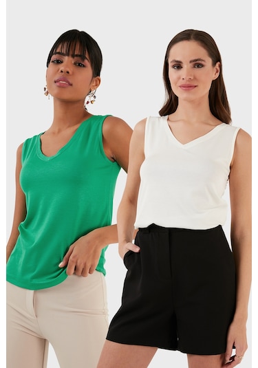 Lela Slim Fit V Yaka Kalın Askılı 2' Li Paket Bayan Bluz 5864384S2 Ekru-Benetton