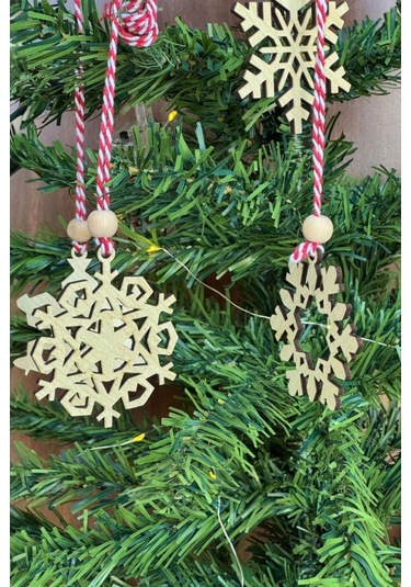 Pilli Peri Ledli 6 Parça Kırmızı Beyaz İpli Kar Tanesi Model Ahşap Yılbaşı Ağaç Süsü 5365
