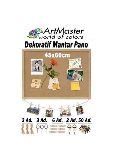 Mantar Pano Ahşap Çerçeve Duvara Monte 45x60 Cm 1 Adet Harita Çivisi Hediyeli Dekorasyon Mantar Çerçeve Evde Okulda Büro 45 x 60 CM