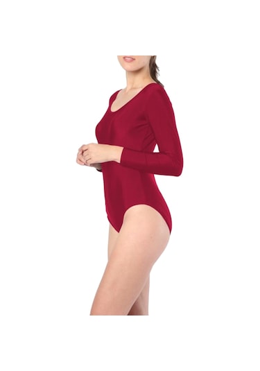 Suntek Kadın Jimnastik Mayoları Uzun Kollu Dans Atletik Bodysuit Bordo