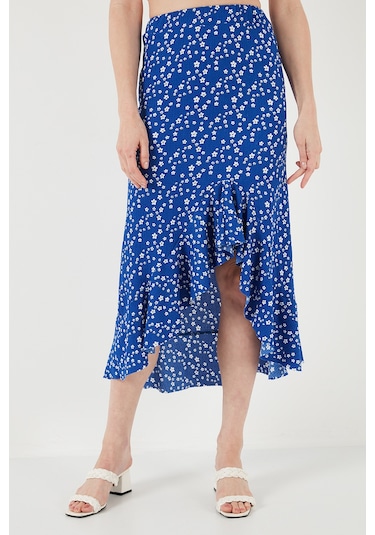 Lela Çiçek Desenli Regular Fit Volanlı Yüksek Bel Midi Boy Yırtmaçlı Bayan Etek 5869012 Saks