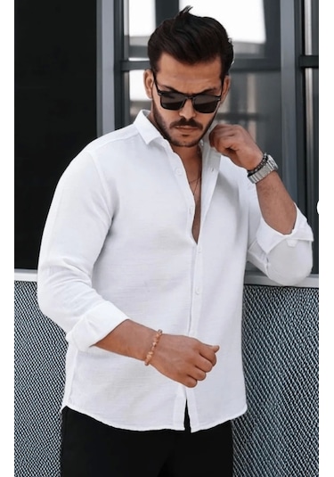 Erkek Müslin Kumaş Uzun Kol Yakalı Beyaz Gömlek Beyaz
