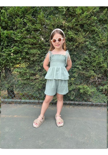 Müslin Kumaş Şortlu Kız Çocuk Takım Mint