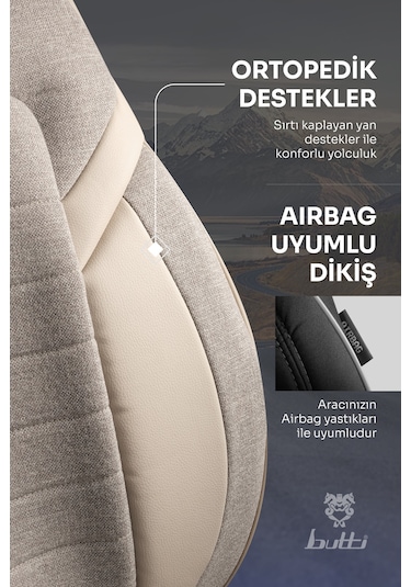 Bej - Bej Butti Lino Serisi Keten Kumaş Premium Oto Koltuk Kılıfı Ortopedik Destekli, Ön Arka Tam Set