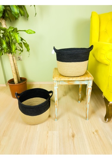 Bitki Tasarımı Düzenleyici Kulplu Üstü Siyah Şeritli Doğal Örgü Sepet İkili Set Büyük-orta