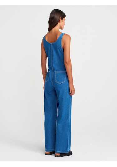 Dilvin 71809 İnce Kumaş Salaş Denim Tulum-mavi Mavi