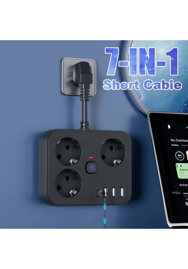 Xuweiwei 7si 1 Arada Priz 3 Ac 3 Usb 1 Type C Siyah Kısa Kablo 152 Cm Ev Ofis Seyahat
