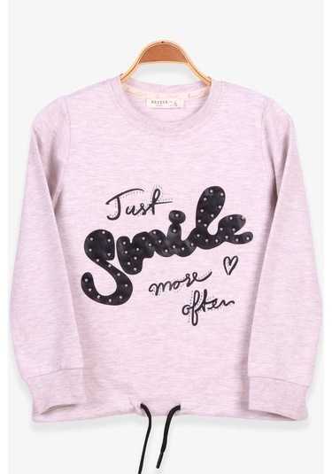 Kız Çocuk Sweatshirt Incili Taşlı Beli Bağcıklı Bej Melanj (6-12