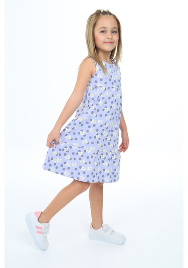 Toontoy Kız Çocuk Baskılı Elbise Mavi