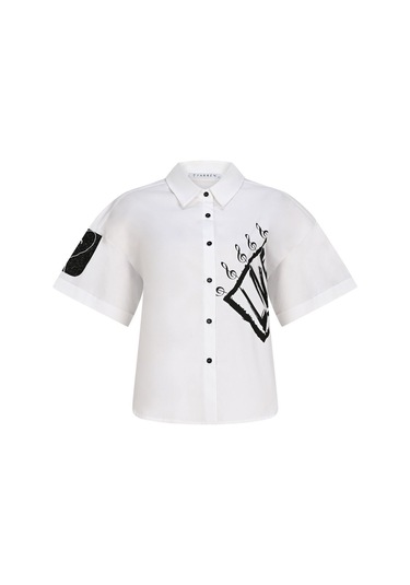 Kadın Kısa Kollu Baskı Detaylı Gömlek Frn6005 Beyaz