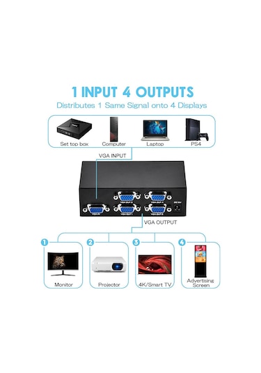 4 Port Vga Splitter 200 Mhz 1 Giriş 4 Çıkış Video Ekran Çoğaltma