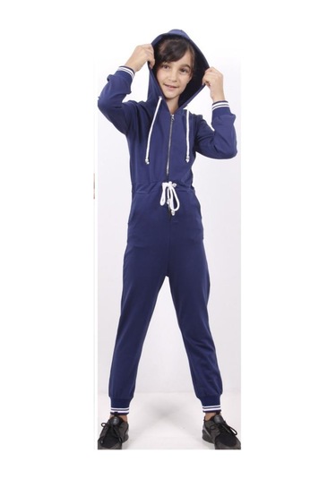 Toontoy Kız Çocuk Beli Bağçıklı Kapşonlu Tulum Lacivert