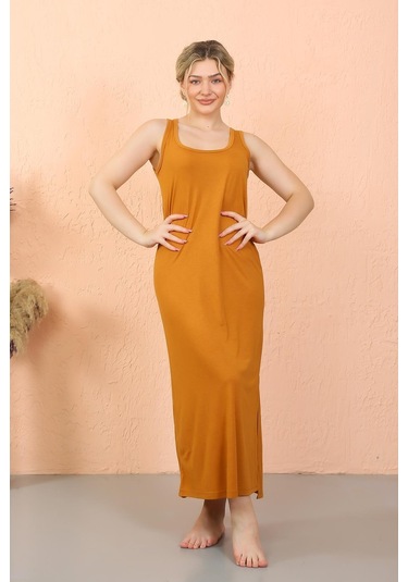 Akbeniz Kadın Kalın Askılı Yırtmaçlı Uzun Hardal Gecelik 90110-hardal Hardal