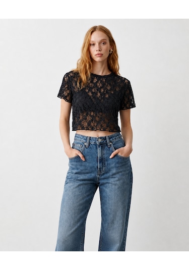 Dantel Crop Bluz Siyah