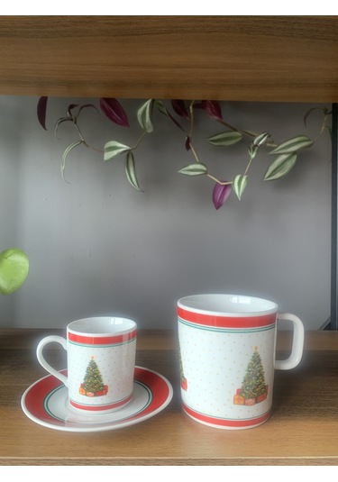 Yeni Yıl-noel Çam Ağacı Model 6 Parça 2 Kişilik Kupa Ve Türk Kahvesi Fincanı Takımı Çok Renkli