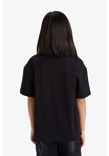 Defacto Kız Çocuk Oversize Geniş Kalıp Bisiklet Yaka Baskılı Kısa Kollu Tişört E0386a825smbk81 Siyah