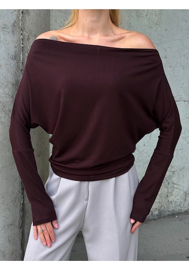 Kadın Kayık Yaka Full Esnek Asimetrik Kesim Comfort Spor Şık Tasarım Yumoş Bluz Kahverengi