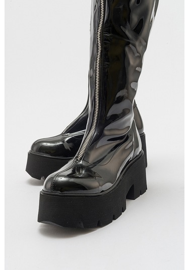 Luvishoes Amaronte Siyah Rugan Kalın Taban Kadın Çizme Siyah