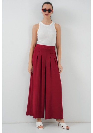 Geniş Paça Pileli Pantolon 6718 - Kırmızı Altın
