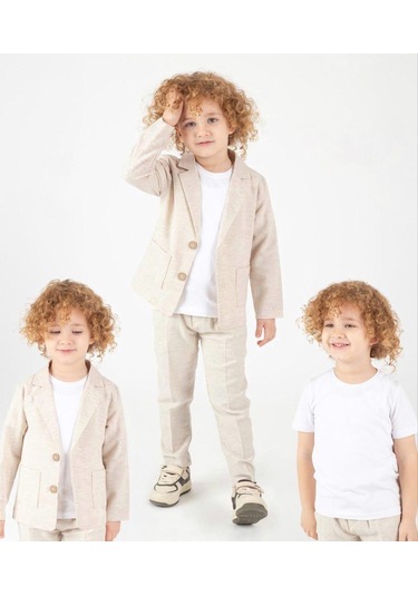 Ceketli Tişörtlü Erkek Çocuk Keten Damatlık Takım M00714 Bej