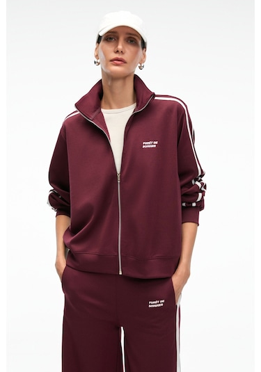 ZINNIE Kadın Regular Nakış Ve Yan Şerit Detaylı Metal Fermuarlı Dik Yaka Bordo Ceket