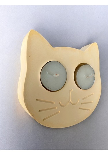 Sarı Kedi Şekilli Beton Mumluk - El Yapımı Dekoratif Çay Işığı Tealight Mumluk - Minimalist Kedi Tem Sarı