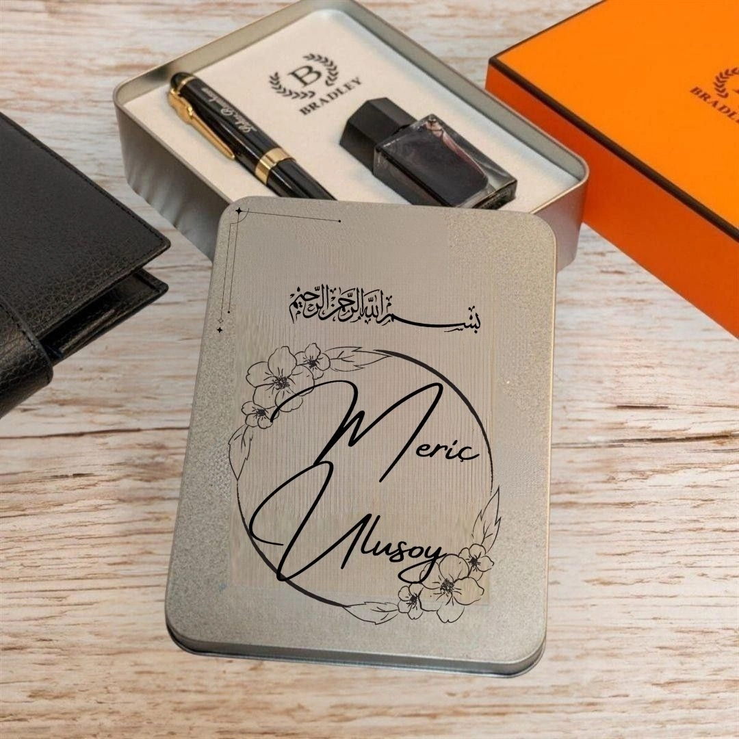 Metal Gövdeli Kişiye Özel Dolma Kalem Seti Besleme Tasarım Kutulu Siyah