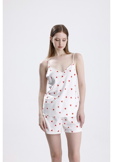 Laperissa Kadın Kalp Desenli Saten İp Askılı Şort Takım Çok Renkli