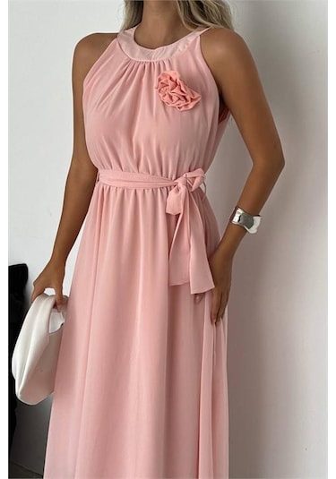 Kadın Astarlı Sıfır Kol Şifon Elbise Dpnbk2144 Pudra