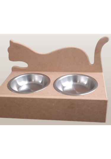 Hobi Adn 90368 Model Kedi Mama Su Kabı Ahşap Paslanmaz Tabak El Yapım