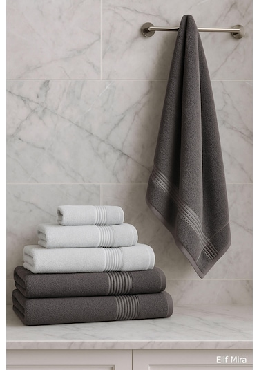 6 Parça Banyo Havlusu Seti Pamuklu 70x140 Cm Serenio Antrasit-Açık Gri