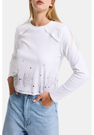 Itsbasic Kadın Beyaz W5 Özel Baskılı Kumaş Fermuar Detaylı Tasarım Body