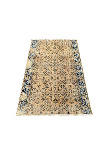 El Dokuma 115x175 Eskitme Vıntage Dekoratif %100 Yün Mavi Krem Mavi