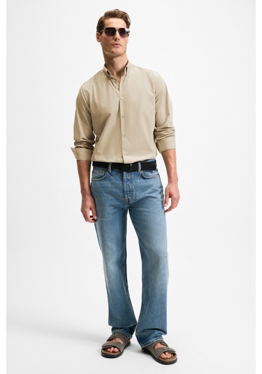 RISTO Erkek Düğmeli Yıkama Sonrası Ütü İhtiyacını En Aza İndiren Kumaş Gömlek Yaka Manşetli Bej Göml