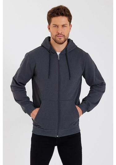 Antrasit Kapüşonlu Regular Fit Hırka Düz Paça Erkek Eşofman Takımı 3861 Antrasit