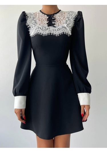 Parma Uzun Kollu Mini Boy Elbise Siyah