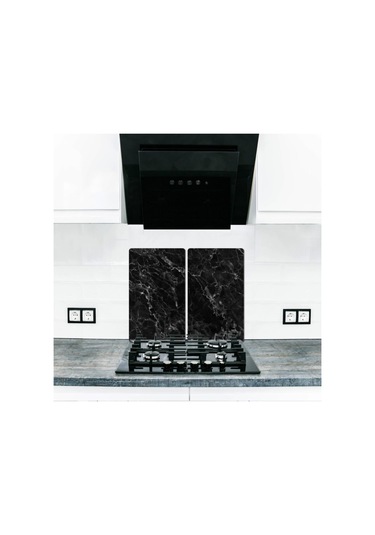 Dekoratif Cam Ocak Koruyucu ve Kesim Tablası Siyah Mermer 60Cm X